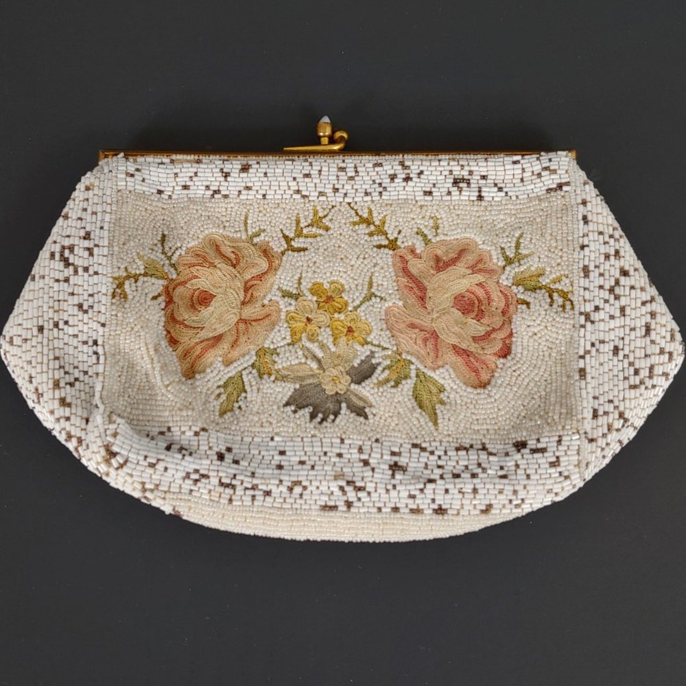 Antique 1920 Flapper Belt Purse Micro Beaded & Floral Embroidered Made in France